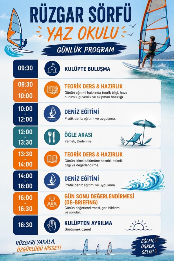 Rüzgar sörfü ile özgürlüğü hissetmeye hazır mısınız? 2026 Yaz Okulu programımız, teorik bilgilerden pratik deniz eğitimine kadar dopdolu bir içerik sunuyor. Uzman eğitmenler eşliğinde, güvenli ekipmanlarla düzenlenen günlük programımız hakkında detaylı bilgi almak için tıklayın!